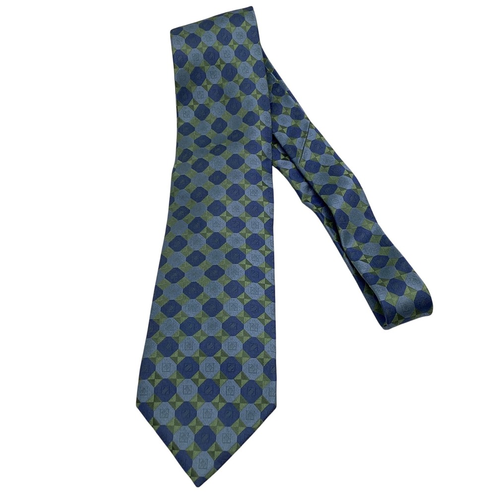 Ferucci Mens Silk Tie Blue Green Geometric Pattern Handmade Necktie RN 51093